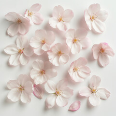 On a pure white background, variously shaped cherry blossom petals are laid out. There is a certain gap between each petal, and they are not placed in a container.