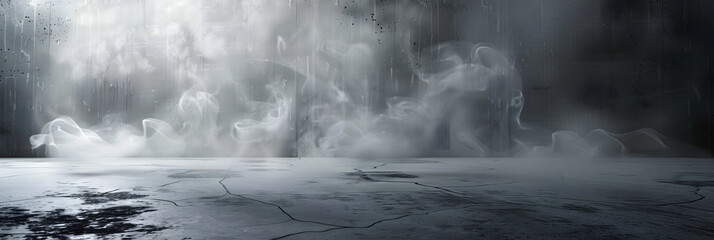 Dark concrete floor with mist abstract cement room with smoke ideal for product display. Concept Concrete Background, Abstract Setting, Product Display, Smoke Effects, Dark Aesthetic