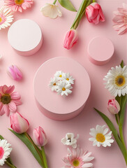 Obraz na płótnie Canvas surrounded by light pink and champagne tulips, daisies and carnations, two podium with a pink surface, pink background, soft light, minimalist photography, product shot, top view
