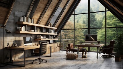 Working room modern loftl style with concrete floor and wood 