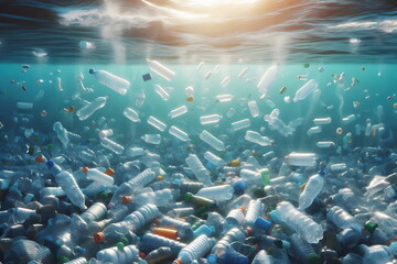 plastic bottles floating in the water, plastic bottles, plastic waste - obrazy, fototapety, plakaty