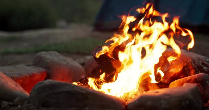 Bonfire, wood and flames or closeup with camping for bbq, light and travel outdoor in woods for adventure. Campfire, burning fire and charcoal for barbecue, heat and cooking for survival in nature