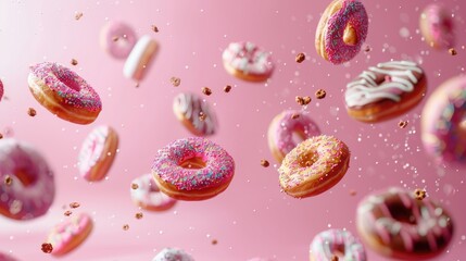 A bunch of donuts flying in the air. Perfect for food and bakery concepts - Powered by Adobe