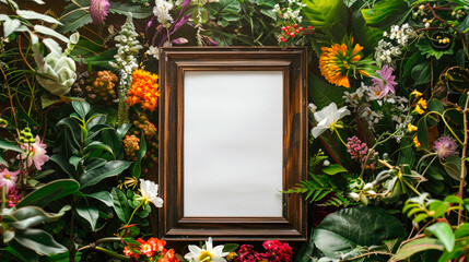 Fototapeta na wymiar Front view, wooden photo frame with blank white poster, surround by various flowers.