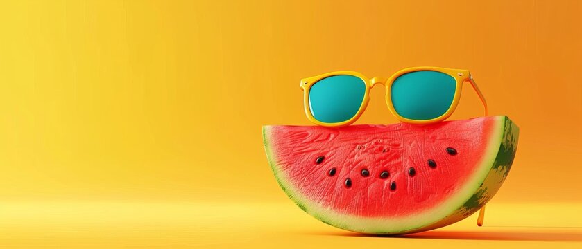Relax on vacation. Creative watermelon with sunglasses on yellow background.
