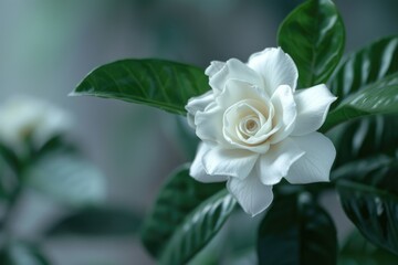 Close up of a white flower with green leaves, perfect for nature backgrounds