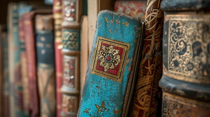 A decorative bookmark peeking out from one of the books