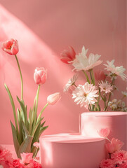 surrounded by light pink and champagne tulips, daisies and carnations, two podium with a pink surface, pink background, soft light, minimalist photography, product shot, top view