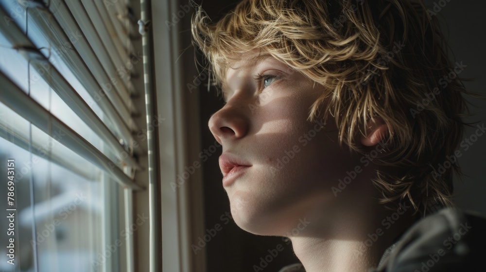 Poster a young boy standing by a window with blinds, suitable for various concepts