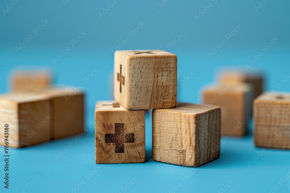 Poster group of wooden blocks with painted crosses. ideal for religious concepts