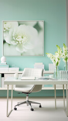 Shades of mint green and powder blue lend a refreshing vibe to a sleek office room, with a pristine white frame poised to capture moments of brilliance.