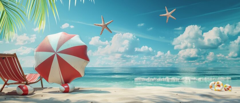 The summer beach scene is rendered in 3D with a blue background.