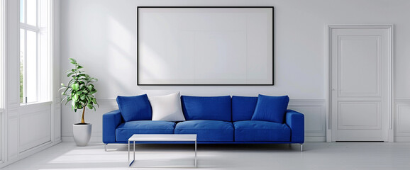 Sleek and modern, this living room features a plush cobalt blue sofa against a backdrop of pristine white walls, with a minimalist white frame adding to the contemporary allure.