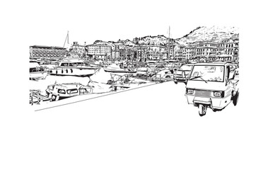 Print Building view with landmark of Ligûria is a region in Italy. Hand drawn sketch illustration in vector.