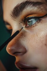 Close up of a person using a mascara brush. Suitable for beauty and cosmetics concepts