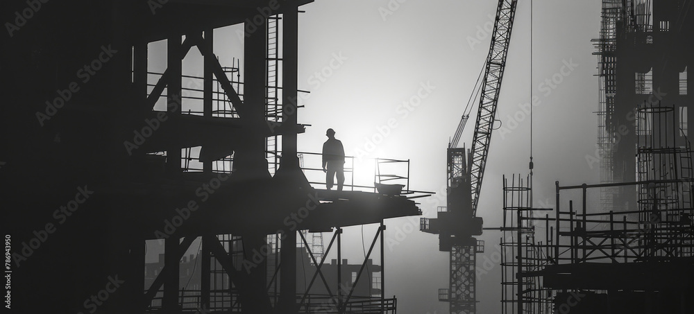 Poster a man standing on top of a building under construction. ideal for illustrating construction work