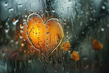 A heart drawn in the rain on a rainy day. Suitable for love, romance concepts
