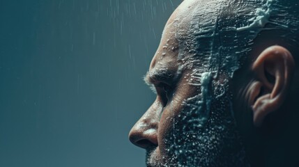 Close-up of a man's face in the rain, suitable for various concepts and designs