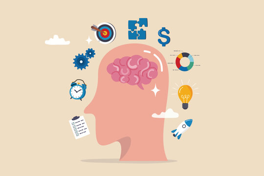 Genius or expert to develop or learning new skills, brainstorming, knowledge or wisdom, competence or intelligence to improve capability concept, human brain with success business management elements.