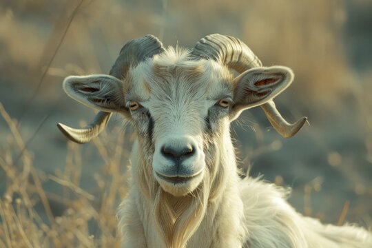 A close-up image of a goat in a field. Suitable for various agricultural and nature-themed projects