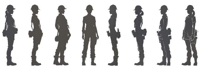 A group of female architect in various poses, depicted as silhouettes