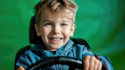 Young boy happily driving a toy car, suitable for children's activities concept