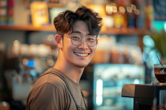 A Korean man with glasses is smiling and holding a coffee cup. Korean male athelete lean muscle barista wearing glasses , in Korean cafe brewing making coffee , smiling , looking at camera