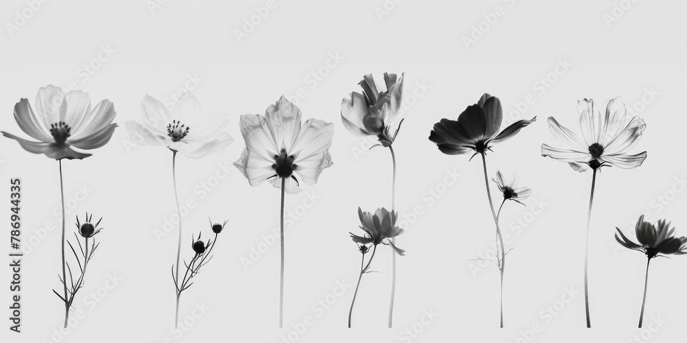Poster simple black and white flowers on a clean white backdrop. suitable for various design projects