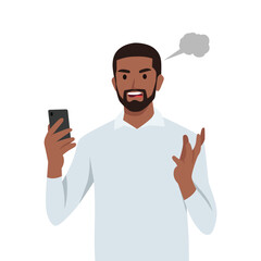 Young black man read text messages on mobile phone that is a false statement he felt displeased. Flat vector illustration isolated on white background