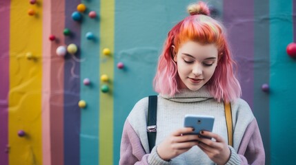 hipster teen girl using mobile phone on the street
