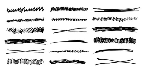 Underlines set brush stroke, marker lines grunge curve, wavy free hand marks textured simple borders strikethrough isolated on white background. Creative collection scribble brush or crayon checks - obrazy, fototapety, plakaty