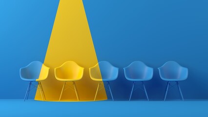 Abstract background. Outstanding yellow chair on blue background. Business, success, leader, recruit concept. 3d rendering