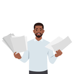 Young man overworked having a lot of paperwork. Flat vector illustration isolated on white background