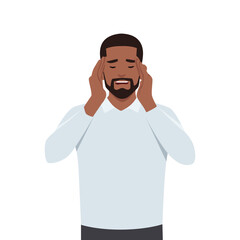 Young black man unhappy squeezing head with hands. Emotions and body language concept. Stress. Flat vector illustration isolated on white background