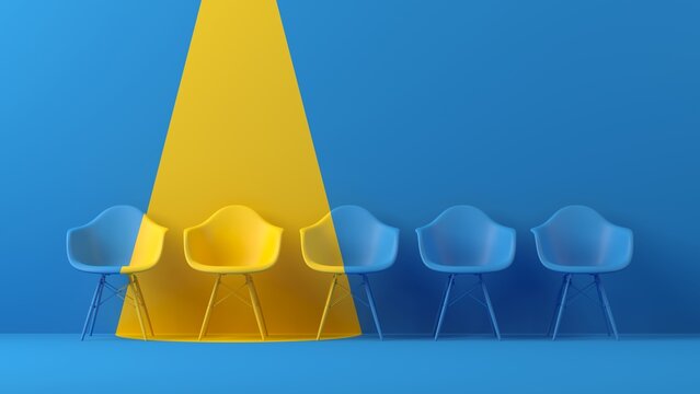 Abstract background. Outstanding yellow chair on blue background. Business, success, leader, recruit concept. 3d rendering