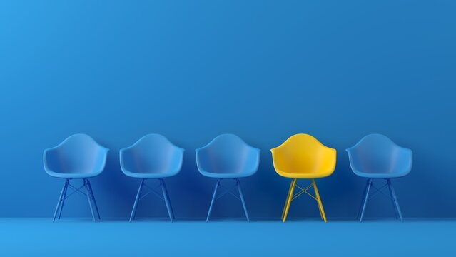 Abstract background. Outstanding yellow chair on blue background. Business, success, leader, recruit concept. 3d rendering