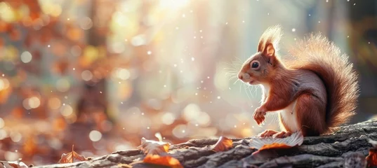 Foto op Aluminium A cute squirrel is climbing on the tree trunk in an autumn forest, panoramic view. The squirrel holds its paws on the tree bark on a sunny day. Natural scene and wildlife concept. © Sabina Gahramanova