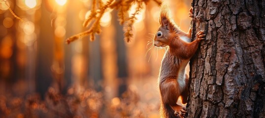 A cute squirrel is climbing on the tree trunk in an autumn forest, panoramic view. The squirrel...