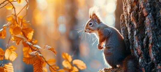 A cute squirrel is climbing on the tree trunk in an autumn forest, panoramic view. The squirrel holds its paws on the tree bark on a sunny day. Natural scene and wildlife concept.
