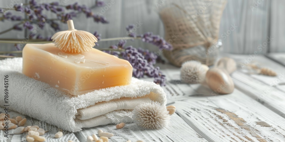 Poster a stack of towels on a wooden table. suitable for spa or home interior concepts