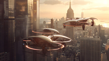 Realistic Concept of private air vehicle in developed city - obrazy, fototapety, plakaty