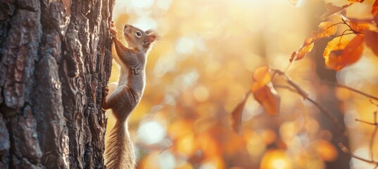 Fototapeta premium A cute squirrel is climbing on the tree trunk in an autumn forest, panoramic view. The squirrel holds its paws on the tree bark on a sunny day. Natural scene and wildlife concept.