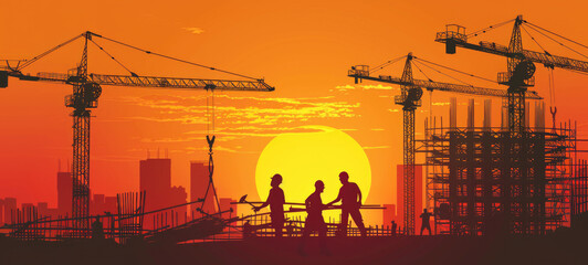 Group of people standing on top of a building under construction. Suitable for construction industry promotions