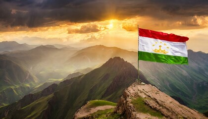 The Flag of Tajikistan On The Mountain.