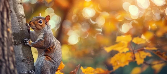 Foto auf Acrylglas A cute squirrel is climbing on the tree trunk in an autumn forest, panoramic view. The squirrel holds its paws on the tree bark on a sunny day. Natural scene and wildlife concept. © Sabina Gahramanova