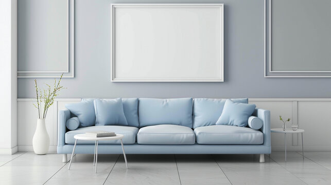 Soft pastel hues dominate the interior of this contemporary living room, featuring a powder blue sofa and a pristine white empty frame adorning the wall.