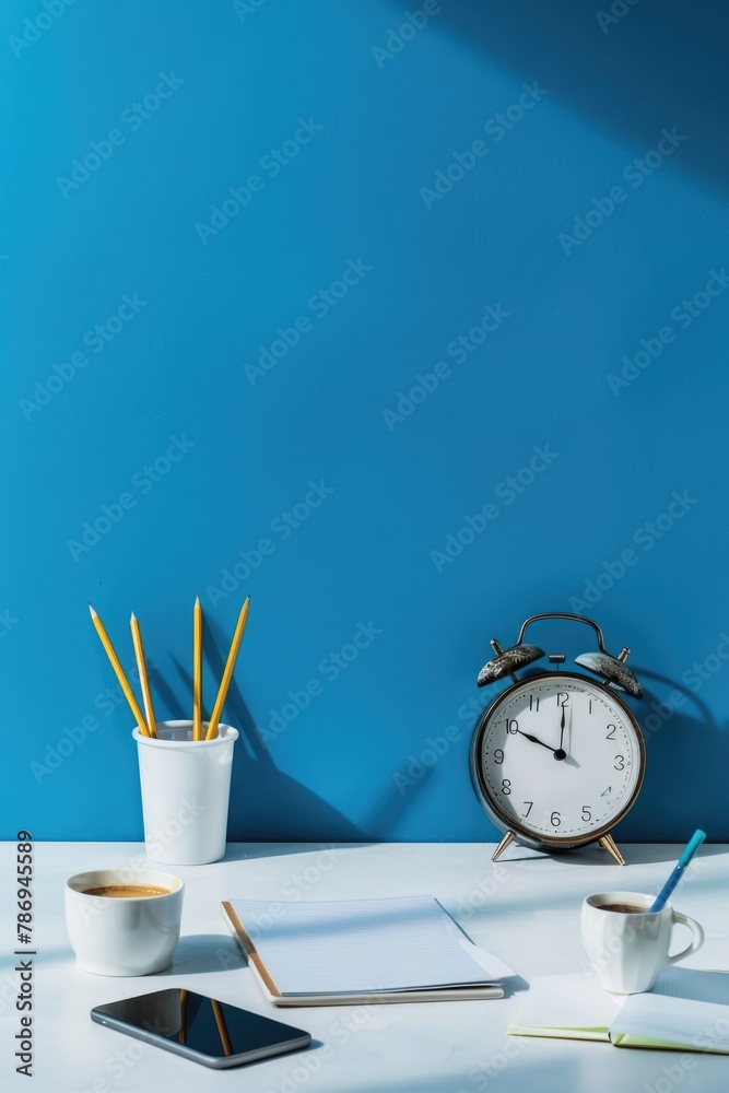 Aufkleber a desk with a clock and a cup of coffee. suitable for office and time management concepts