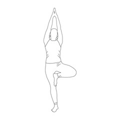 Vrikshasana yoga, pose, standing, woman, headstand, flat, girl, line, art, character, silhouette, balancing, fitness, exercise, clipart, vector illutration
