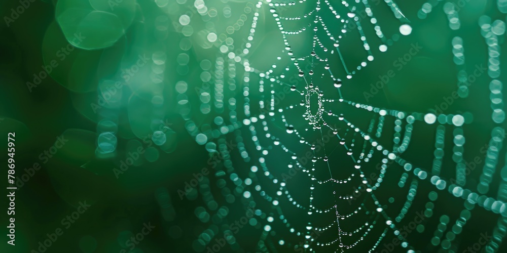 Poster close-up of a spider web with glistening water droplets. suitable for nature and macro photography p