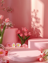 surrounded by light pink and champagne tulips, daisies and carnations, two podium with a pink surface, pink background, soft light, minimalist photography, product shot, top view